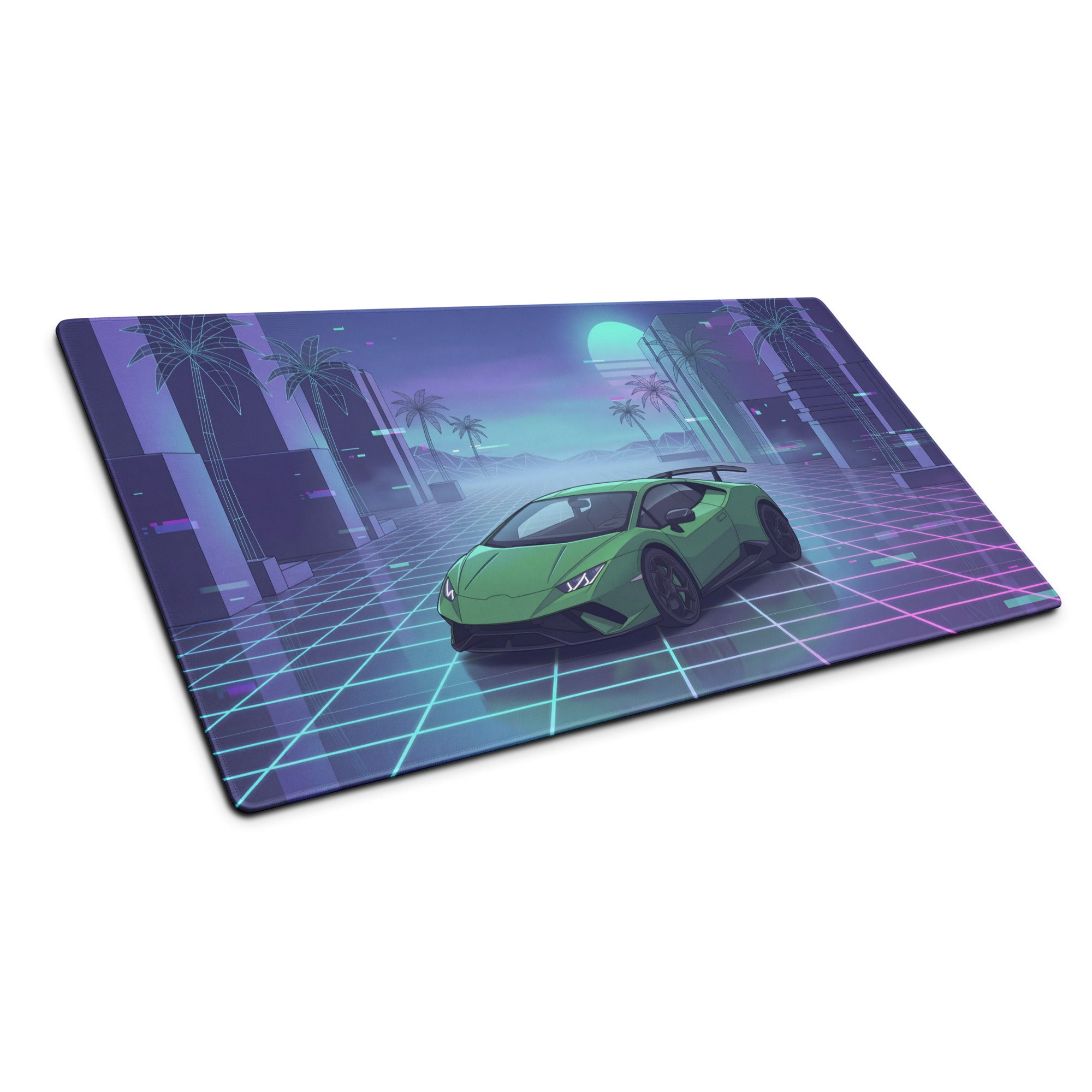 Lamborghini Huracán Performante Inspired Green Vaporwave Gaming Mouse Pad – Neon Grid City Desk Mat, Retro Futuristic Supercar Digital Artwork