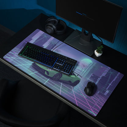 Lamborghini Huracán Performante Inspired Green Vaporwave Gaming Mouse Pad – Neon Grid City Desk Mat, Retro Futuristic Supercar Digital Artwork