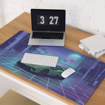 Lamborghini Huracán Performante Inspired Green Vaporwave Gaming Mouse Pad – Neon Grid City Desk Mat, Retro Futuristic Supercar Digital Artwork
