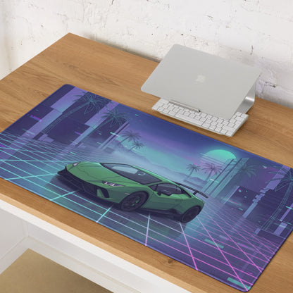 Lamborghini Huracán Performante Inspired Green Vaporwave Gaming Mouse Pad – Neon Grid City Desk Mat, Retro Futuristic Supercar Digital Artwork