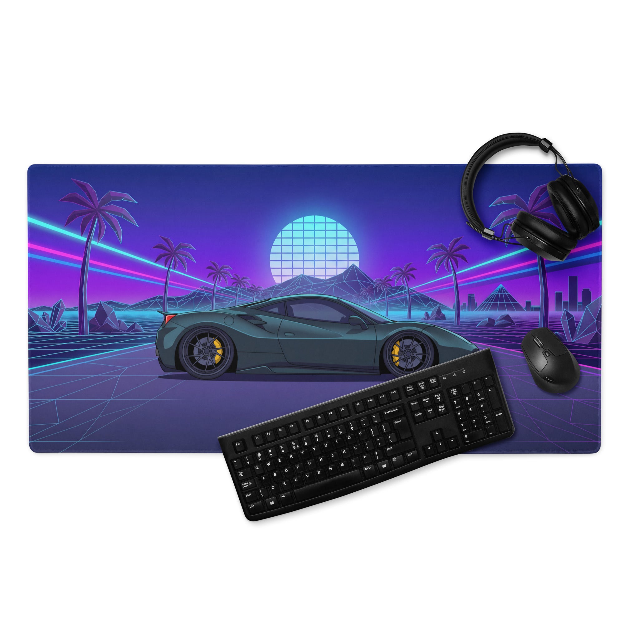 Ferrari 488 GTB Inspired Dark Green Vaporwave Gaming Mouse Pad – Neon Palm Tree Grid Desk Mat, Retro Futuristic Supercar Digital Artwork