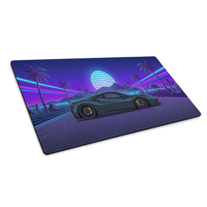 Ferrari 488 GTB Inspired Dark Green Vaporwave Gaming Mouse Pad – Neon Palm Tree Grid Desk Mat, Retro Futuristic Supercar Digital Artwork