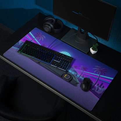 Ferrari 488 GTB Inspired Dark Green Vaporwave Gaming Mouse Pad – Neon Palm Tree Grid Desk Mat, Retro Futuristic Supercar Digital Artwork