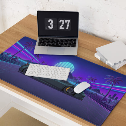 Ferrari 488 GTB Inspired Dark Green Vaporwave Gaming Mouse Pad – Neon Palm Tree Grid Desk Mat, Retro Futuristic Supercar Digital Artwork
