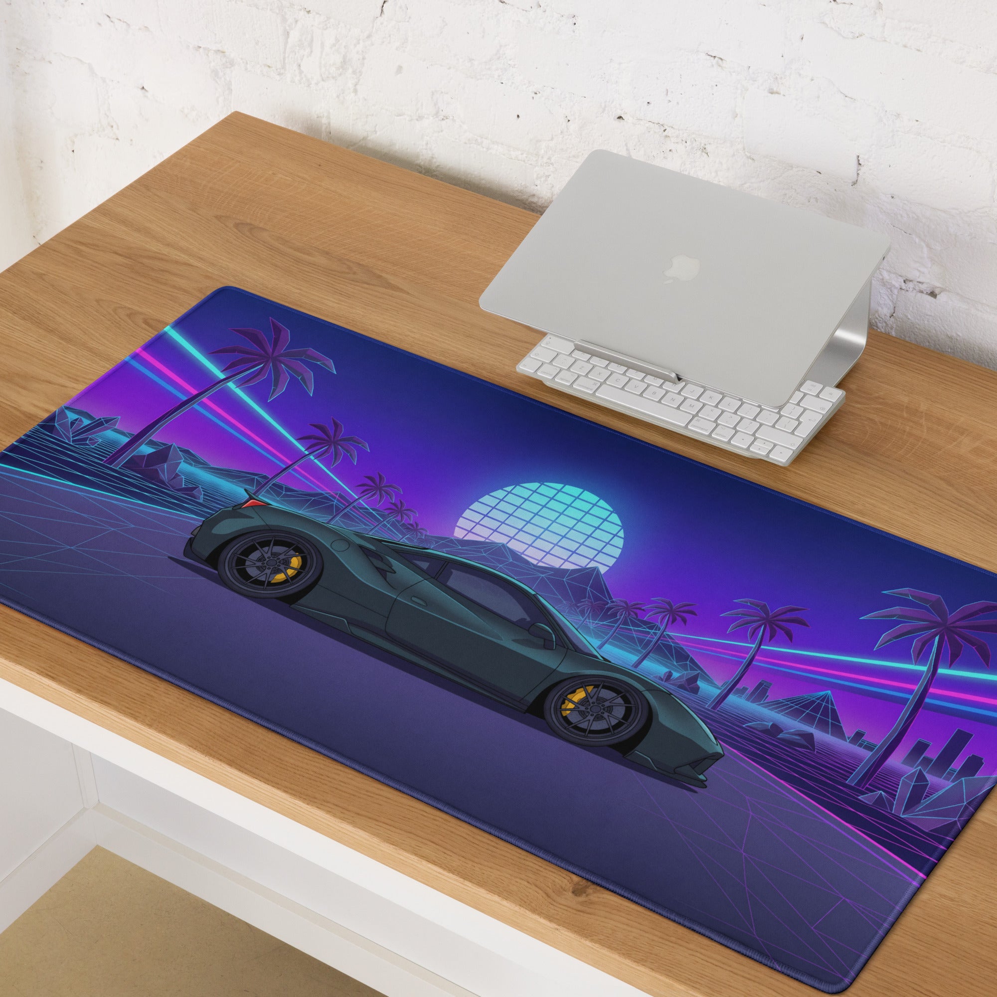 Ferrari 488 GTB Inspired Dark Green Vaporwave Gaming Mouse Pad – Neon Palm Tree Grid Desk Mat, Retro Futuristic Supercar Digital Artwork