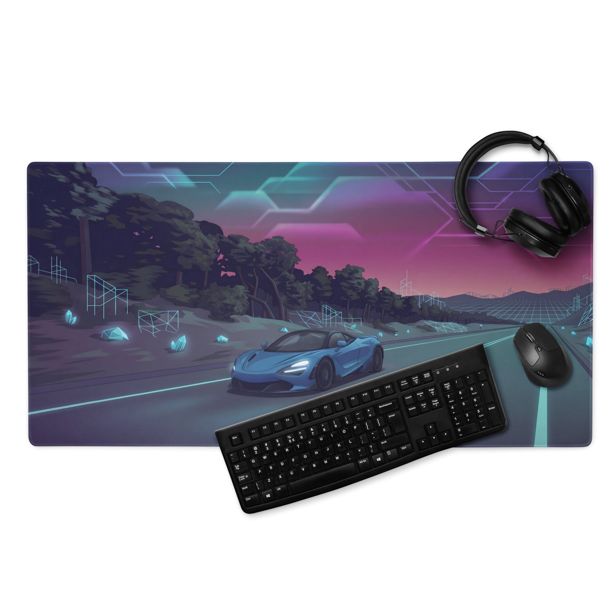 McLaren 720S Inspired Blue Vaporwave Gaming Mouse Pad – Neon Highway Desk Mat, Dreamy Retro Futuristic Forest Landscape Digital Supercar Art
