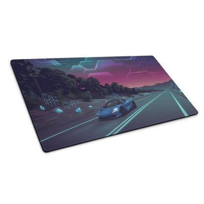 McLaren 720S Inspired Blue Vaporwave Gaming Mouse Pad – Neon Highway Desk Mat, Dreamy Retro Futuristic Forest Landscape Digital Supercar Art