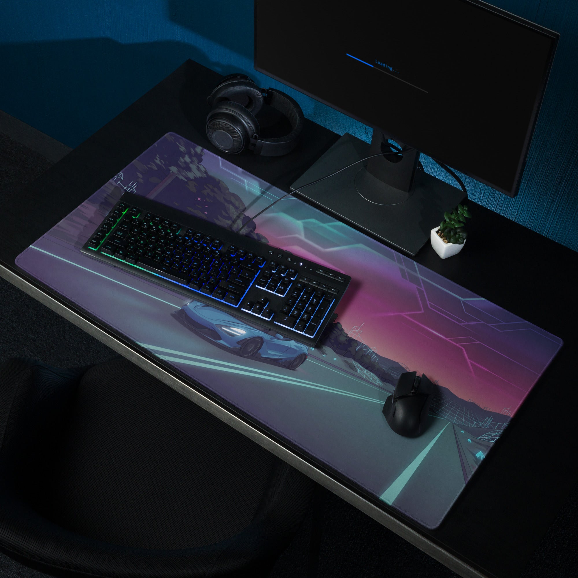 McLaren 720S Inspired Blue Vaporwave Gaming Mouse Pad – Neon Highway Desk Mat, Dreamy Retro Futuristic Forest Landscape Digital Supercar Art