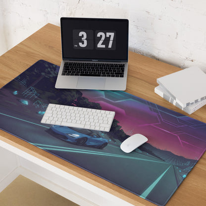 McLaren 720S Inspired Blue Vaporwave Gaming Mouse Pad – Neon Highway Desk Mat, Dreamy Retro Futuristic Forest Landscape Digital Supercar Art