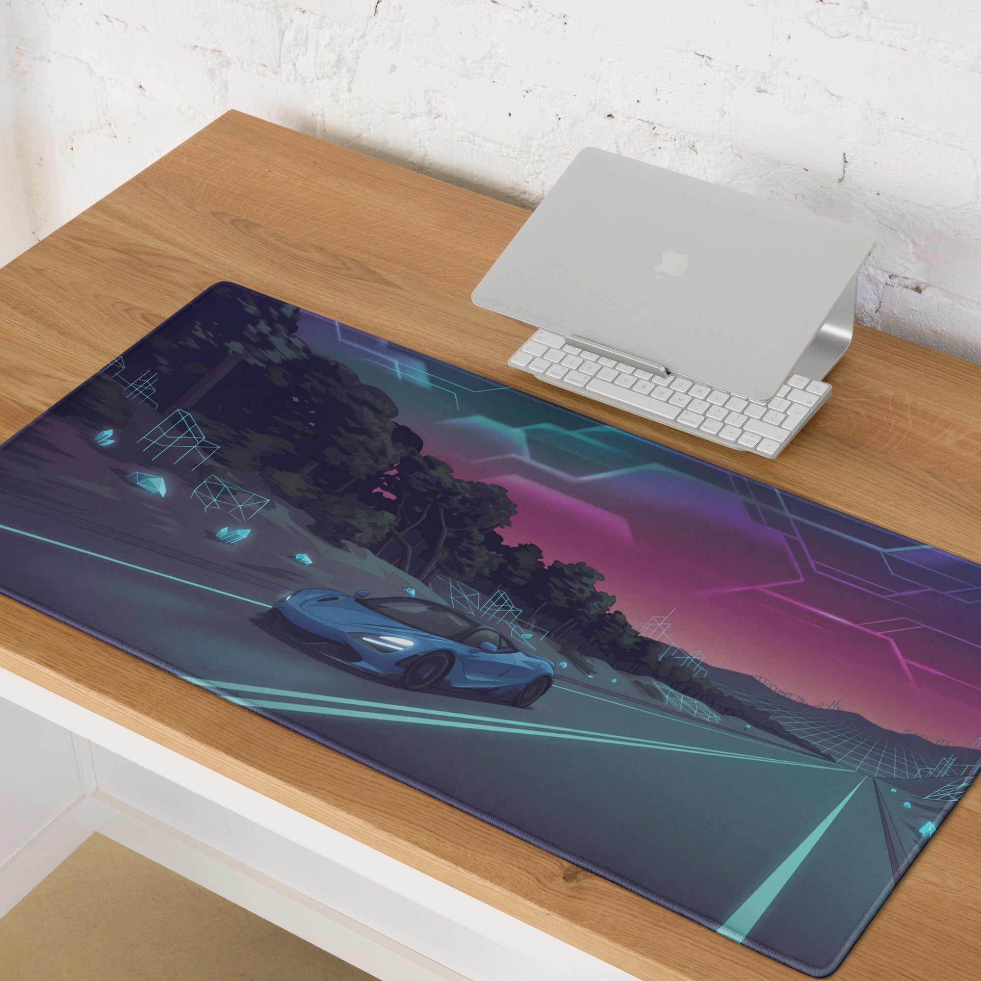 McLaren 720S Inspired Blue Vaporwave Gaming Mouse Pad – Neon Highway Desk Mat, Dreamy Retro Futuristic Forest Landscape Digital Supercar Art
