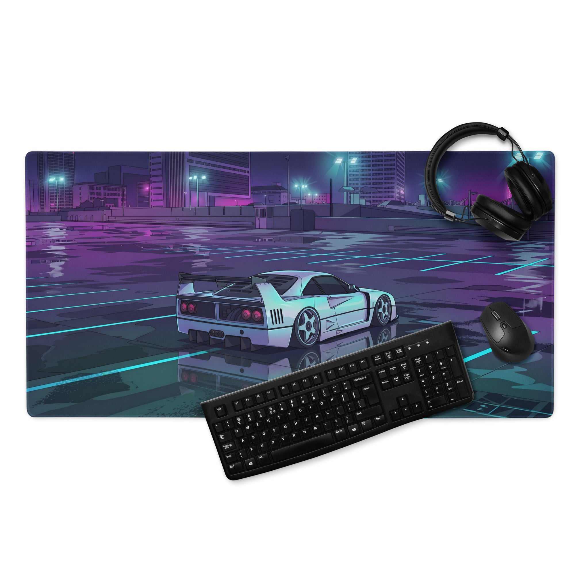 Ferrari F40 Inspired White Purple Vaporwave Gaming Mouse Pad – Neon Rainy City Desk Mat, Retro Futuristic Supercar Digital Artwork
