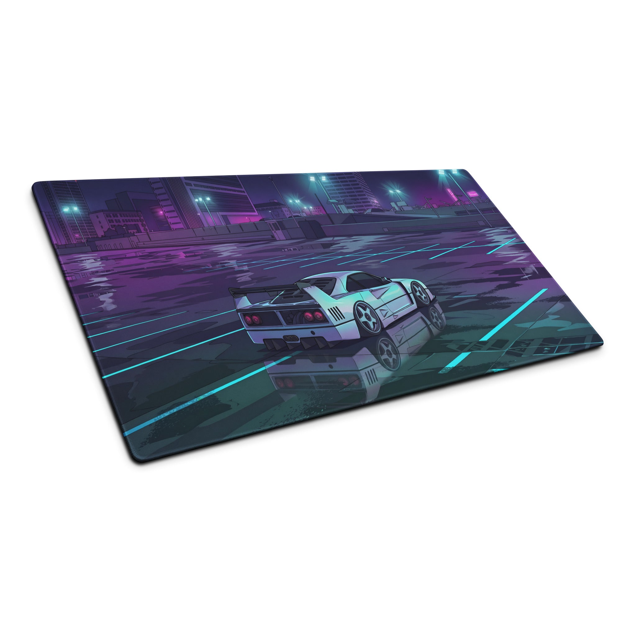 Ferrari F40 Inspired White Purple Vaporwave Gaming Mouse Pad – Neon Rainy City Desk Mat, Retro Futuristic Supercar Digital Artwork