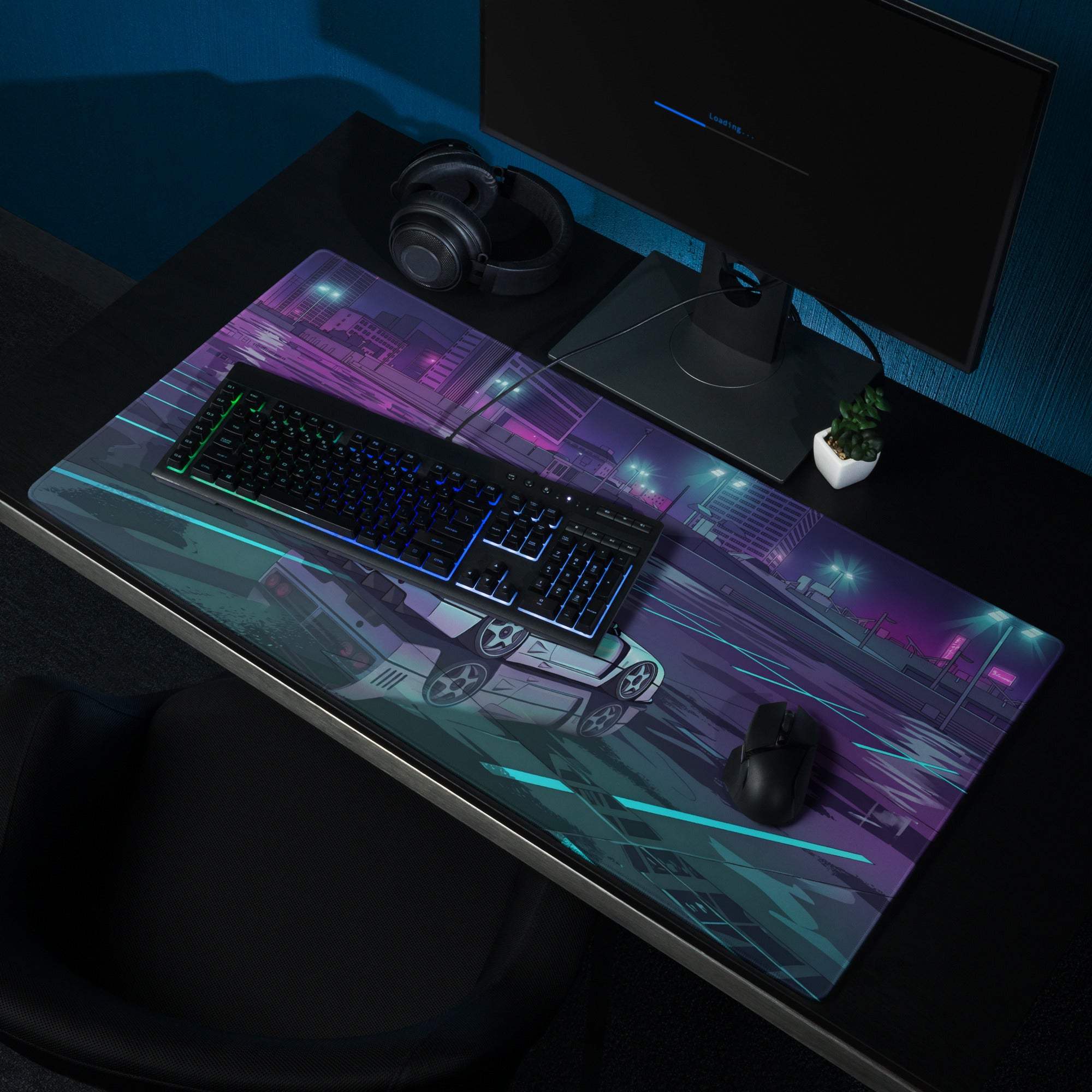 Ferrari F40 Inspired White Purple Vaporwave Gaming Mouse Pad – Neon Rainy City Desk Mat, Retro Futuristic Supercar Digital Artwork