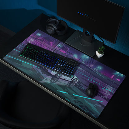 Ferrari F40 Inspired White Purple Vaporwave Gaming Mouse Pad – Neon Rainy City Desk Mat, Retro Futuristic Supercar Digital Artwork