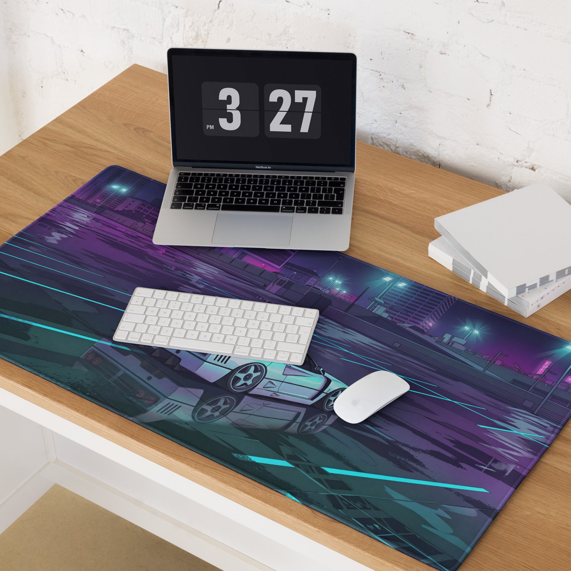 Ferrari F40 Inspired White Purple Vaporwave Gaming Mouse Pad – Neon Rainy City Desk Mat, Retro Futuristic Supercar Digital Artwork