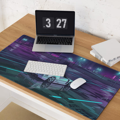 Ferrari F40 Inspired White Purple Vaporwave Gaming Mouse Pad – Neon Rainy City Desk Mat, Retro Futuristic Supercar Digital Artwork