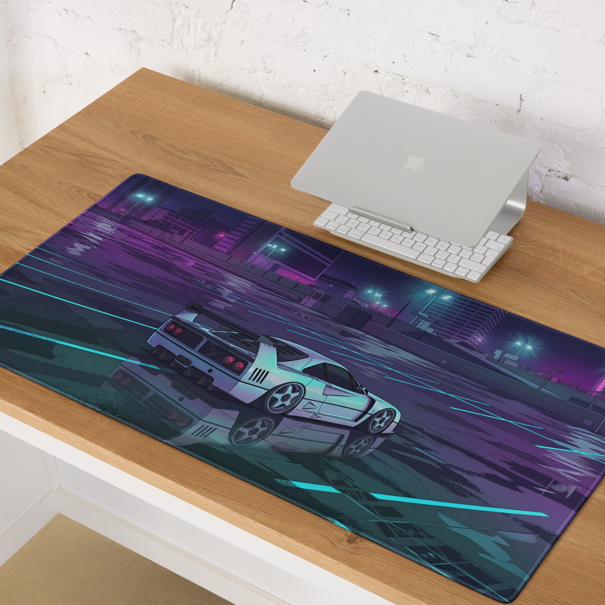 Ferrari F40 Inspired White Purple Vaporwave Gaming Mouse Pad – Neon Rainy City Desk Mat, Retro Futuristic Supercar Digital Artwork