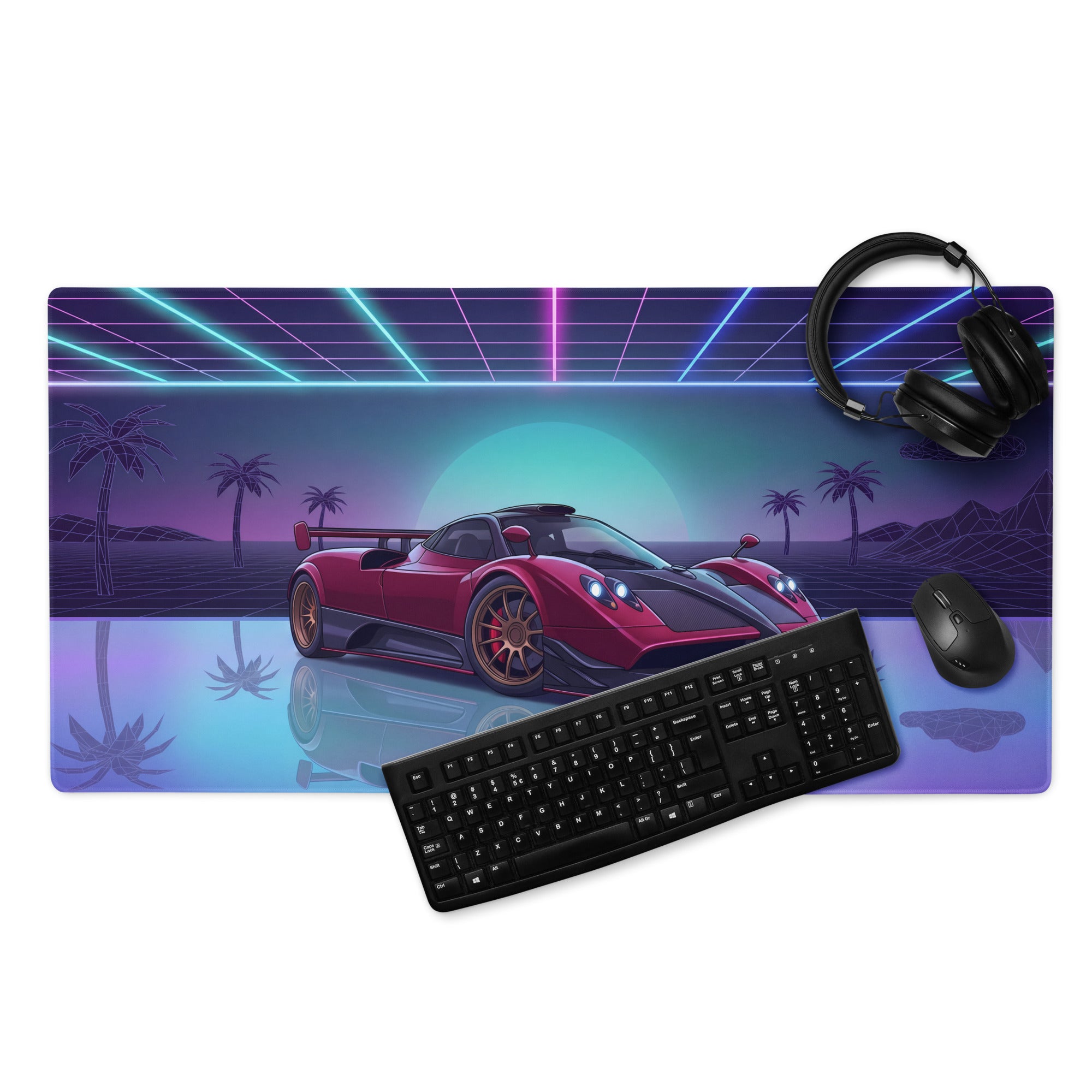 Pagani Zonda R Inspired Red Purple Vaporwave Gaming Mouse Pad – Neon Sunset Grid Desk Mat, Retro Futuristic Supercar Digital Artwork