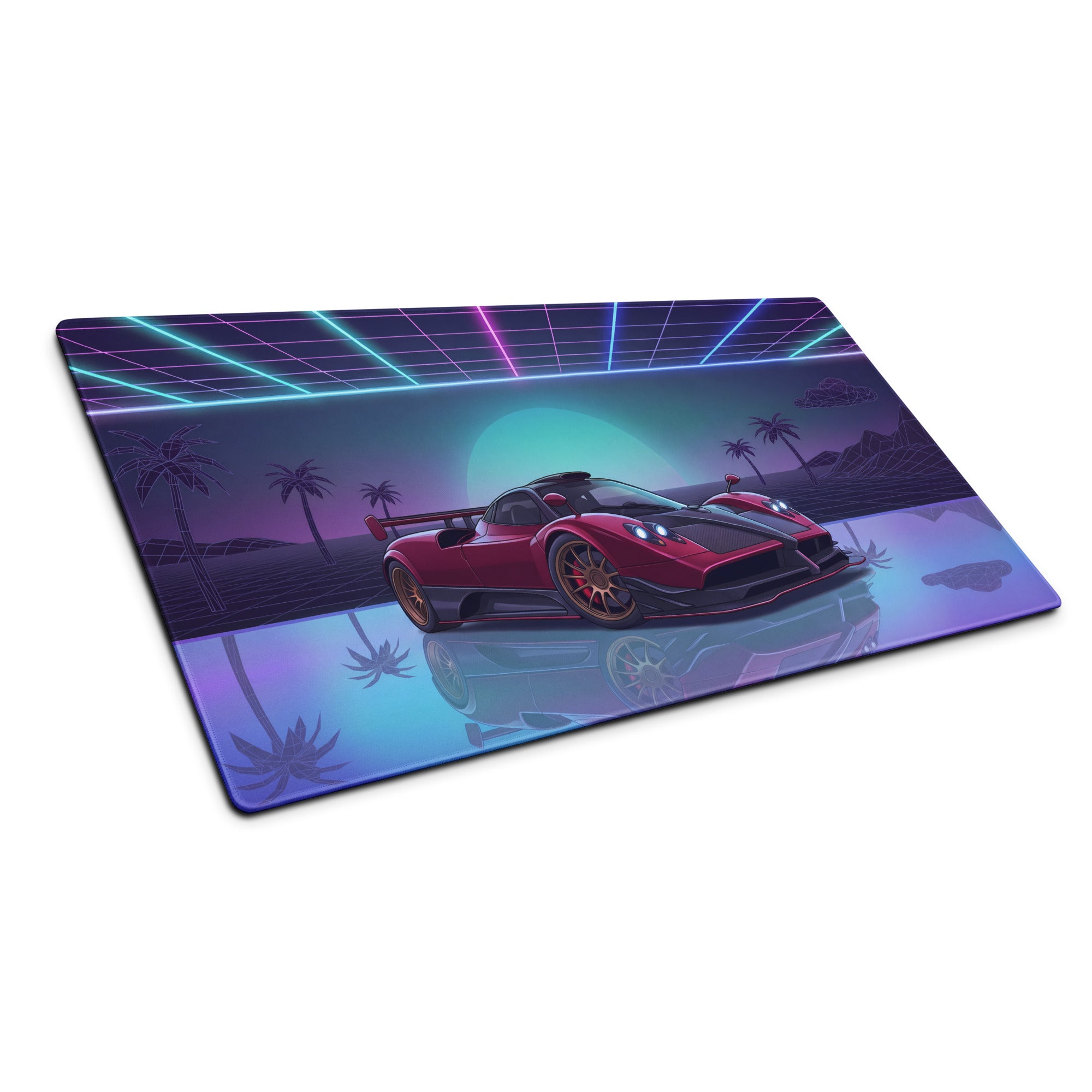 Pagani Zonda R Inspired Red Purple Vaporwave Gaming Mouse Pad – Neon Sunset Grid Desk Mat, Retro Futuristic Supercar Digital Artwork