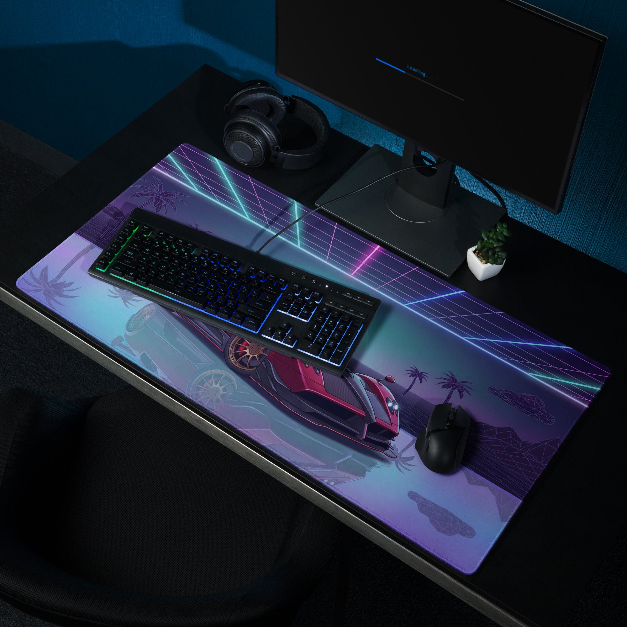 Pagani Zonda R Inspired Red Purple Vaporwave Gaming Mouse Pad – Neon Sunset Grid Desk Mat, Retro Futuristic Supercar Digital Artwork