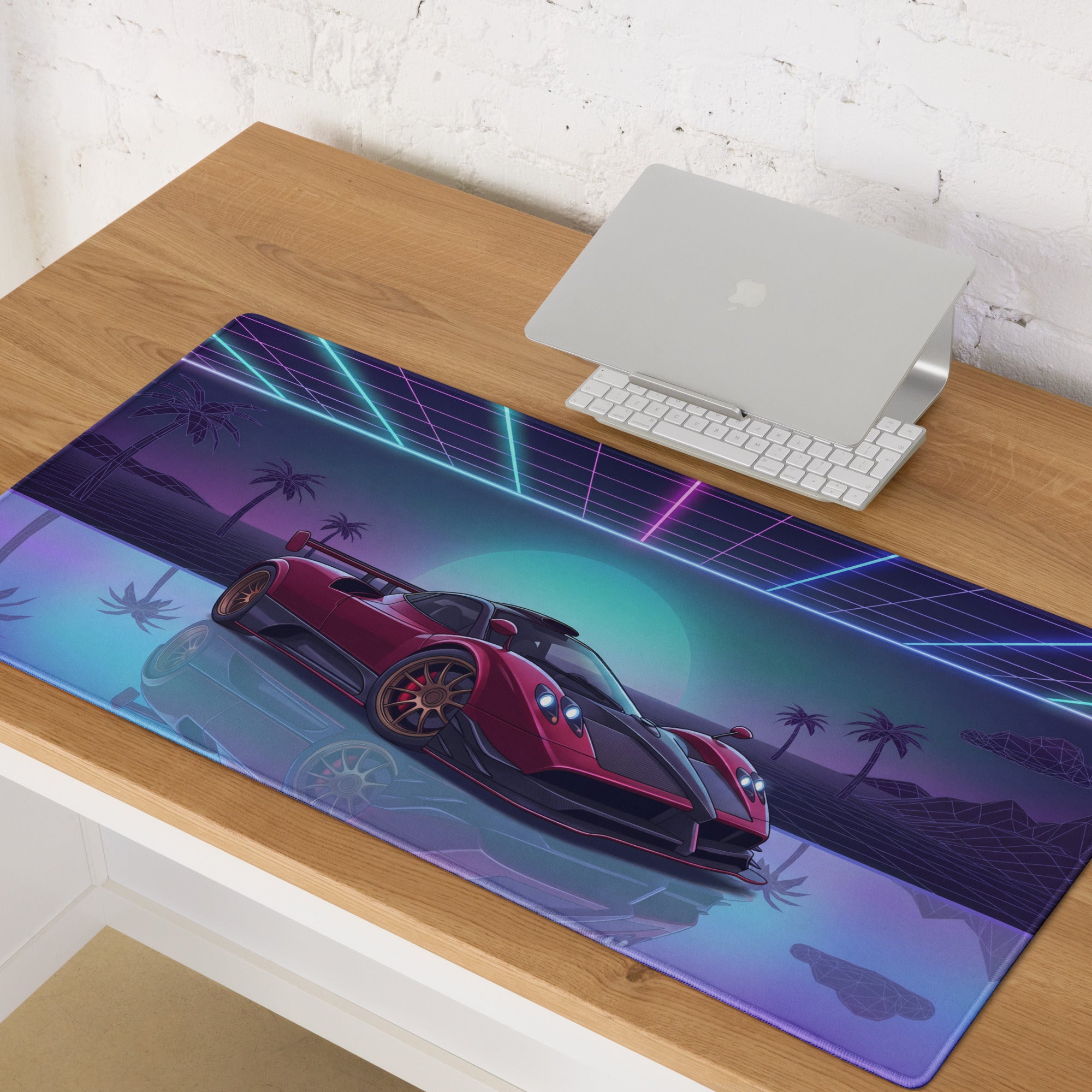 Pagani Zonda R Inspired Red Purple Vaporwave Gaming Mouse Pad – Neon Sunset Grid Desk Mat, Retro Futuristic Supercar Digital Artwork