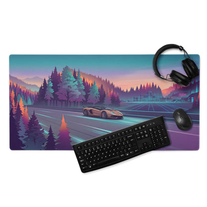 Lamborghini Aventador SVJ Inspired Bronze Vaporwave Gaming Mouse Pad – Neon Forest Highway Desk Mat, Retro Futuristic Supercar Landscape Art