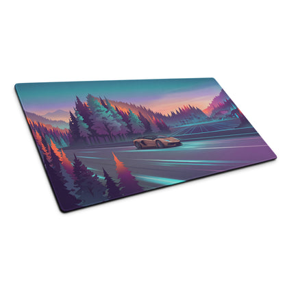 Lamborghini Aventador SVJ Inspired Bronze Vaporwave Gaming Mouse Pad – Neon Forest Highway Desk Mat, Retro Futuristic Supercar Landscape Art