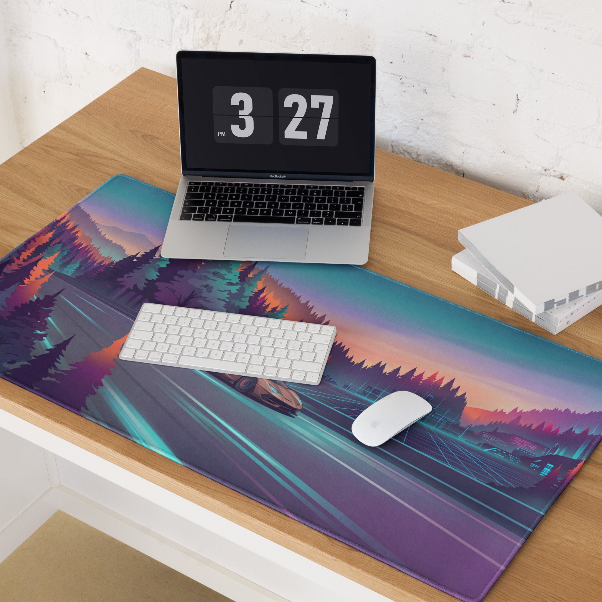 Lamborghini Aventador SVJ Inspired Bronze Vaporwave Gaming Mouse Pad – Neon Forest Highway Desk Mat, Retro Futuristic Supercar Landscape Art