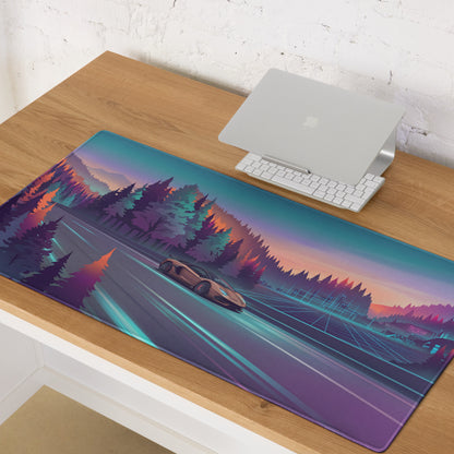 Lamborghini Aventador SVJ Inspired Bronze Vaporwave Gaming Mouse Pad – Neon Forest Highway Desk Mat, Retro Futuristic Supercar Landscape Art