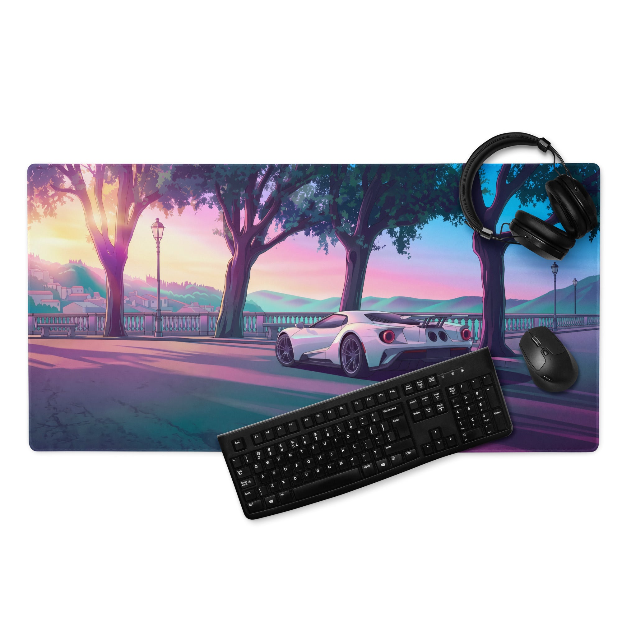 Ford GT Inspired White Pink Vaporwave Gaming Mouse Pad – Dreamy Sunset Boulevard Desk Mat, Retro Futuristic Supercar Digital Landscape Art