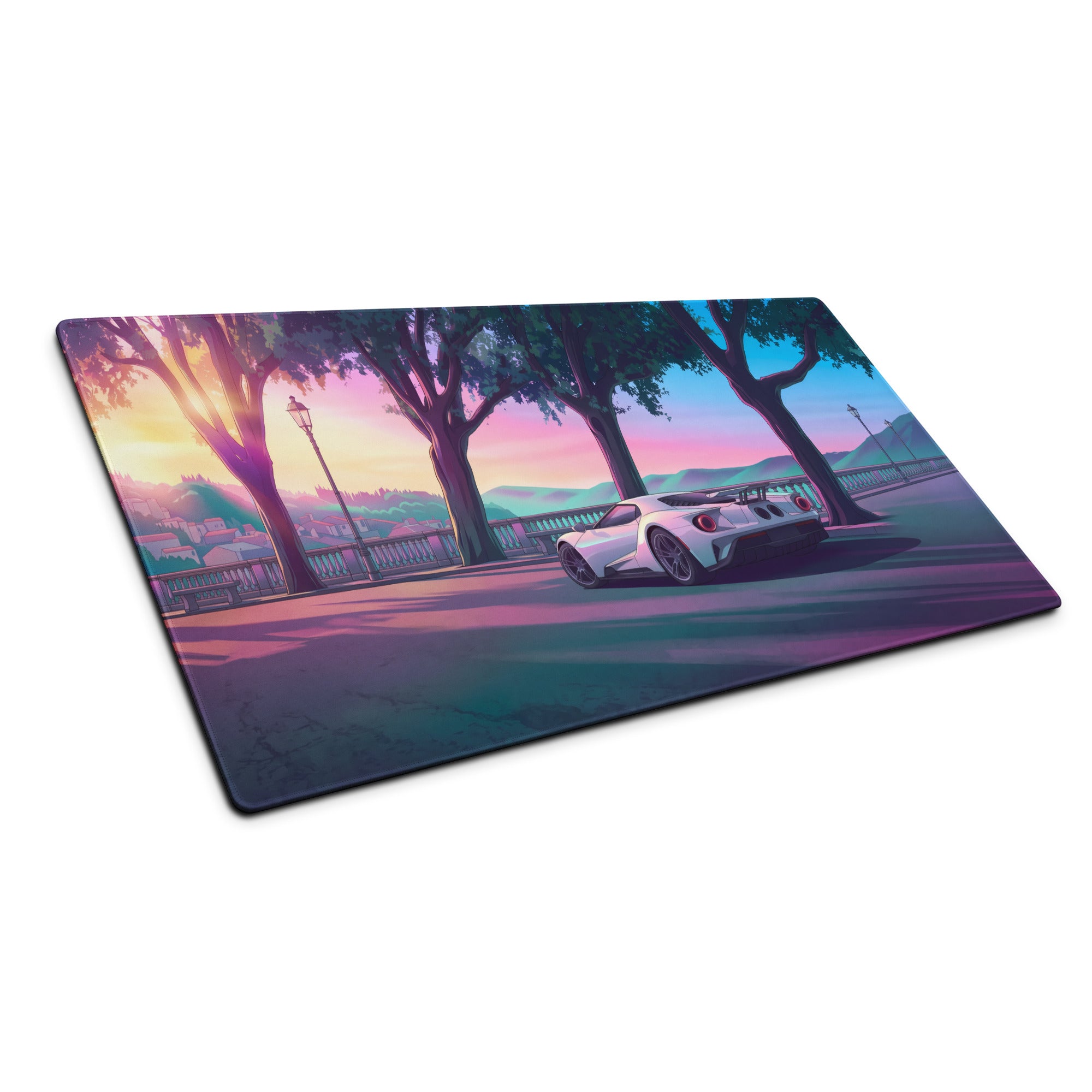 Ford GT Inspired White Pink Vaporwave Gaming Mouse Pad – Dreamy Sunset Boulevard Desk Mat, Retro Futuristic Supercar Digital Landscape Art