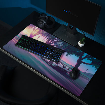 Ford GT Inspired White Pink Vaporwave Gaming Mouse Pad – Dreamy Sunset Boulevard Desk Mat, Retro Futuristic Supercar Digital Landscape Art