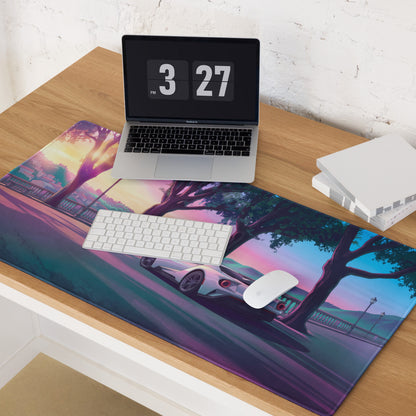 Ford GT Inspired White Pink Vaporwave Gaming Mouse Pad – Dreamy Sunset Boulevard Desk Mat, Retro Futuristic Supercar Digital Landscape Art