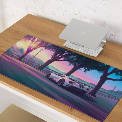 Ford GT Inspired White Pink Vaporwave Gaming Mouse Pad – Dreamy Sunset Boulevard Desk Mat, Retro Futuristic Supercar Digital Landscape Art