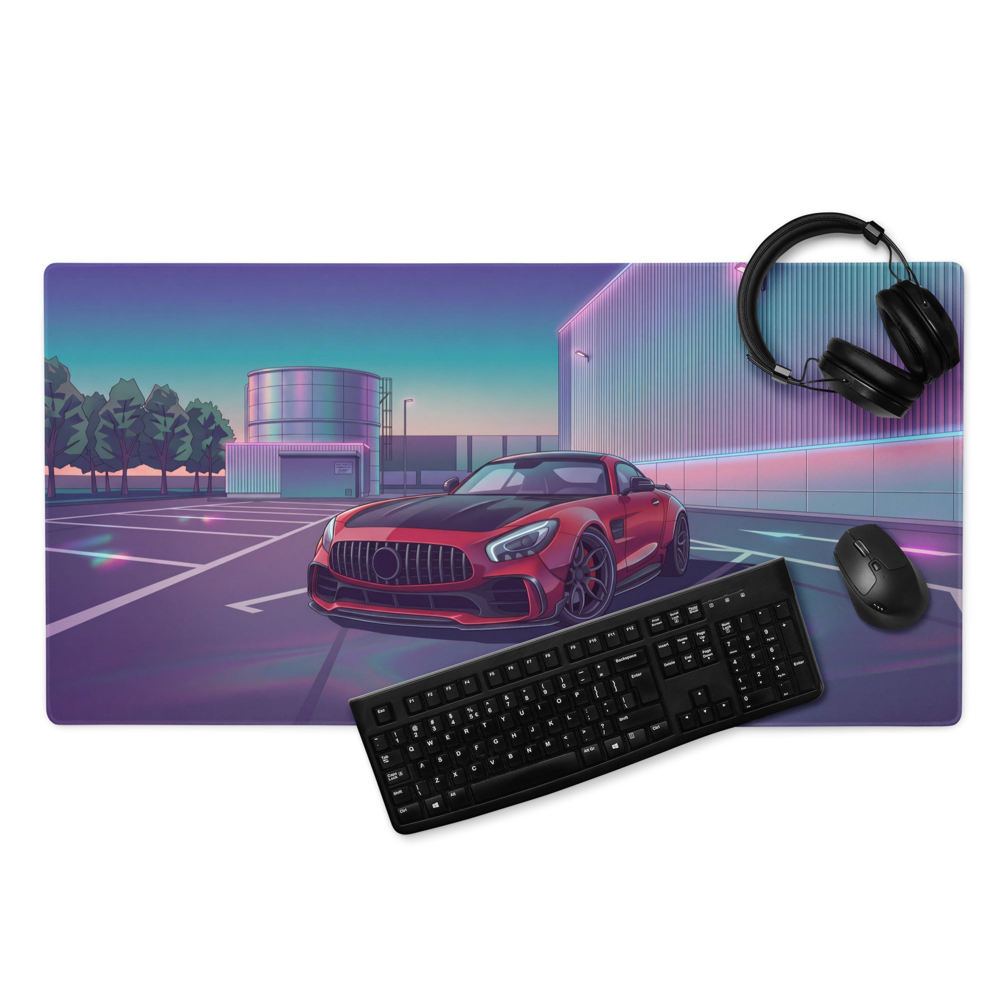 Mercedes-AMG GT R Inspired Red Purple Vaporwave Gaming Mouse Pad – Neon Industrial Parking Lot Desk Mat, Retro Futuristic Sports Car Digital Art
