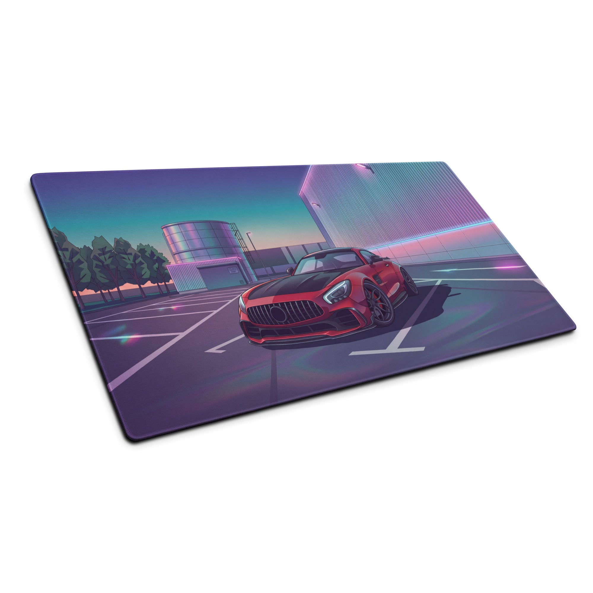Mercedes-AMG GT R Inspired Red Purple Vaporwave Gaming Mouse Pad – Neon Industrial Parking Lot Desk Mat, Retro Futuristic Sports Car Digital Art