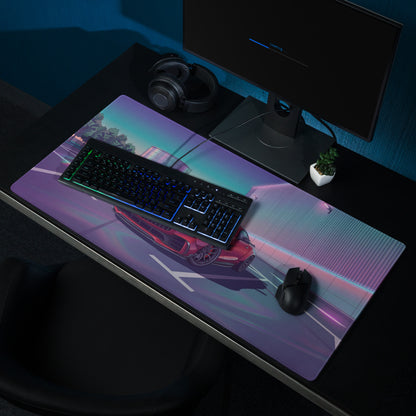 Mercedes-AMG GT R Inspired Red Purple Vaporwave Gaming Mouse Pad – Neon Industrial Parking Lot Desk Mat, Retro Futuristic Sports Car Digital Art