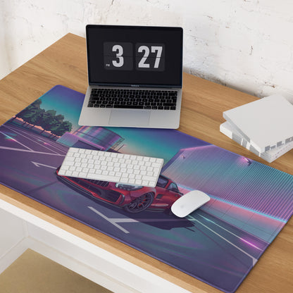 Mercedes-AMG GT R Inspired Red Purple Vaporwave Gaming Mouse Pad – Neon Industrial Parking Lot Desk Mat, Retro Futuristic Sports Car Digital Art