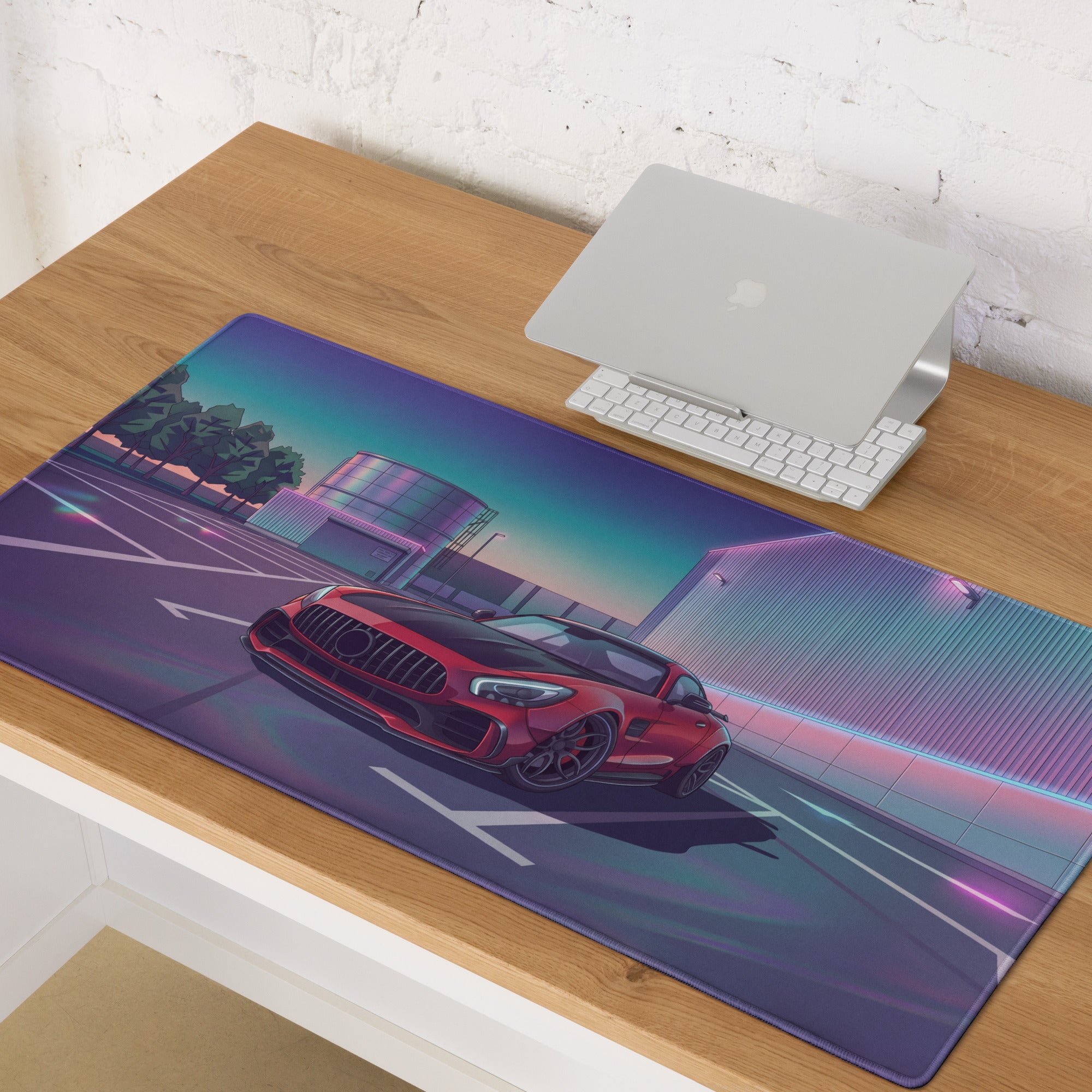 Mercedes-AMG GT R Inspired Red Purple Vaporwave Gaming Mouse Pad – Neon Industrial Parking Lot Desk Mat, Retro Futuristic Sports Car Digital Art