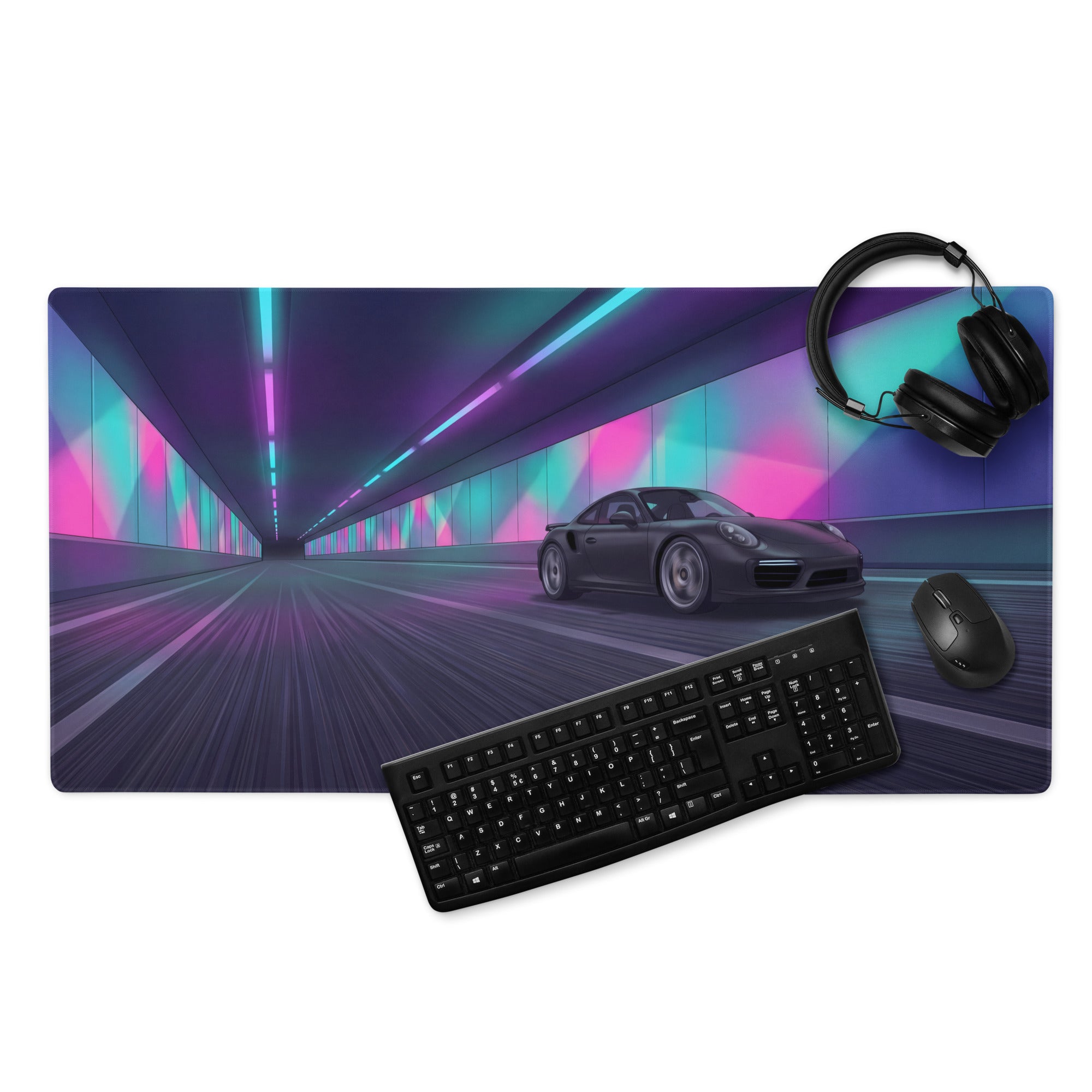 Porsche 911 Turbo S Inspired Black Vaporwave Gaming Mouse Pad – Neon Tunnel Desk Mat, Futuristic Cyberpunk Sports Car Digital Artwork