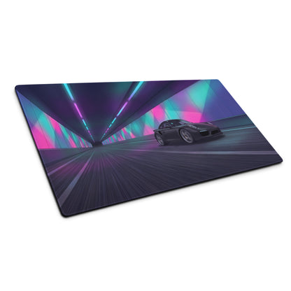 Porsche 911 Turbo S Inspired Black Vaporwave Gaming Mouse Pad – Neon Tunnel Desk Mat, Futuristic Cyberpunk Sports Car Digital Artwork