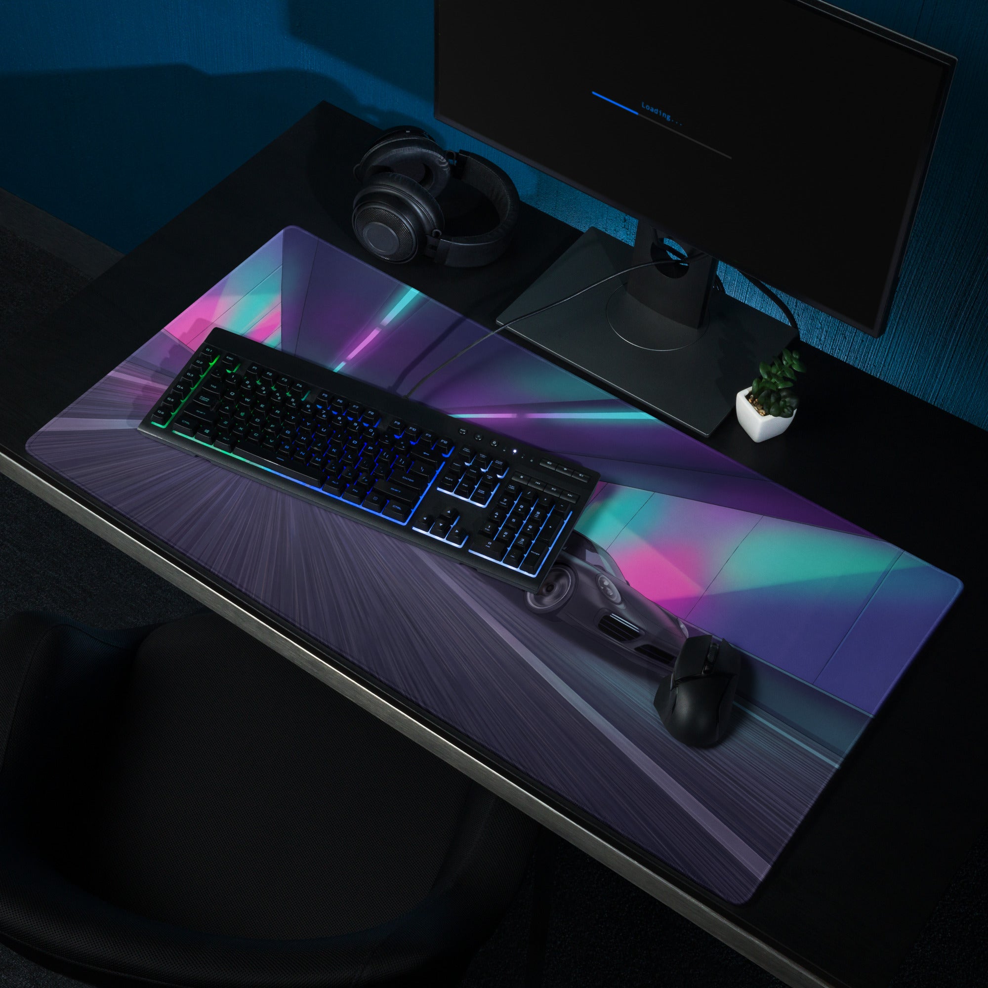 Porsche 911 Turbo S Inspired Black Vaporwave Gaming Mouse Pad – Neon Tunnel Desk Mat, Futuristic Cyberpunk Sports Car Digital Artwork