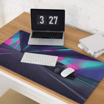 Porsche 911 Turbo S Inspired Black Vaporwave Gaming Mouse Pad – Neon Tunnel Desk Mat, Futuristic Cyberpunk Sports Car Digital Artwork