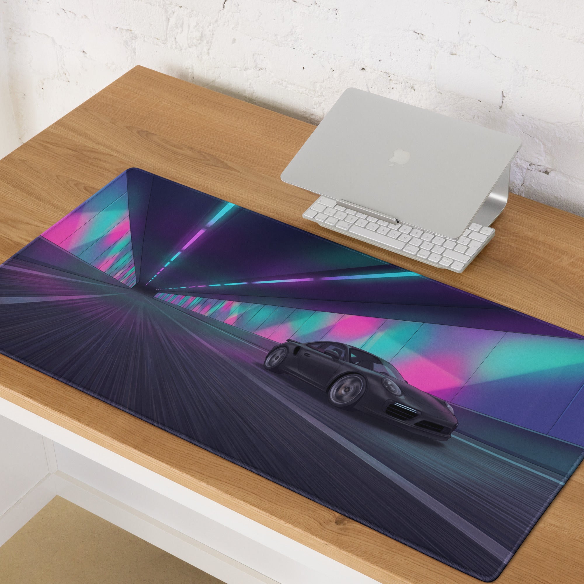 Porsche 911 Turbo S Inspired Black Vaporwave Gaming Mouse Pad – Neon Tunnel Desk Mat, Futuristic Cyberpunk Sports Car Digital Artwork
