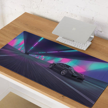 Porsche 911 Turbo S Inspired Black Vaporwave Gaming Mouse Pad – Neon Tunnel Desk Mat, Futuristic Cyberpunk Sports Car Digital Artwork
