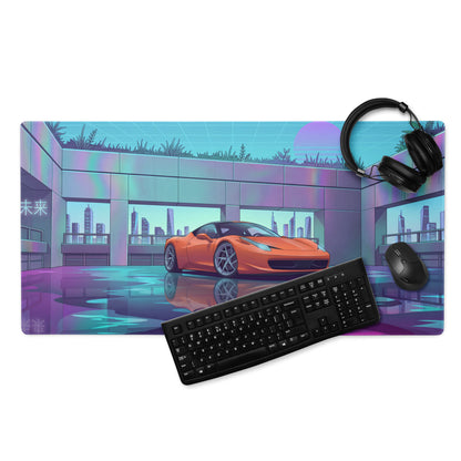 Ferrari 458 Italia Inspired Orange Vaporwave Gaming Mouse Pad – Neon Futuristic City Desk Mat, Retro Cyberpunk Supercar Digital Artwork