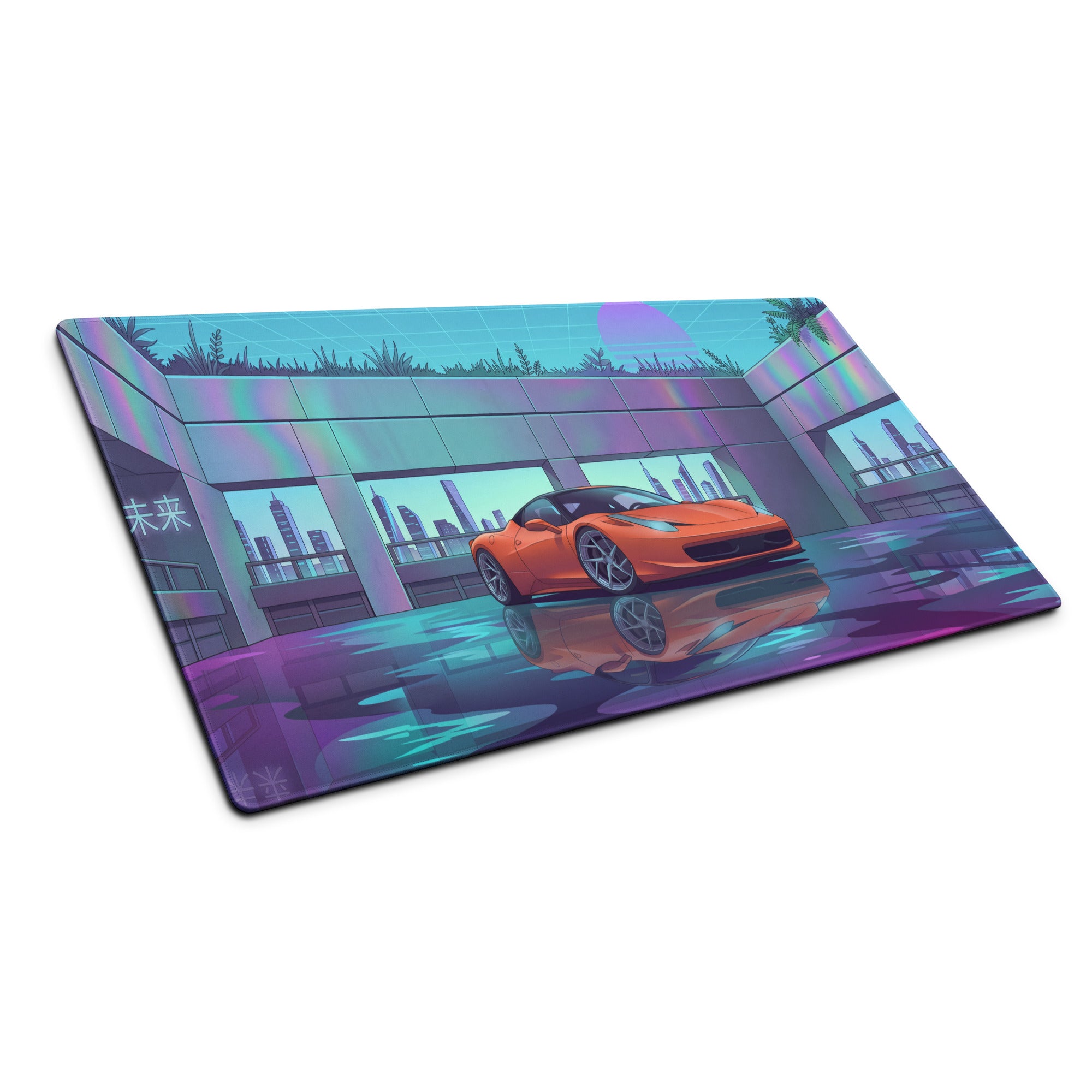 Ferrari 458 Italia Inspired Orange Vaporwave Gaming Mouse Pad – Neon Futuristic City Desk Mat, Retro Cyberpunk Supercar Digital Artwork
