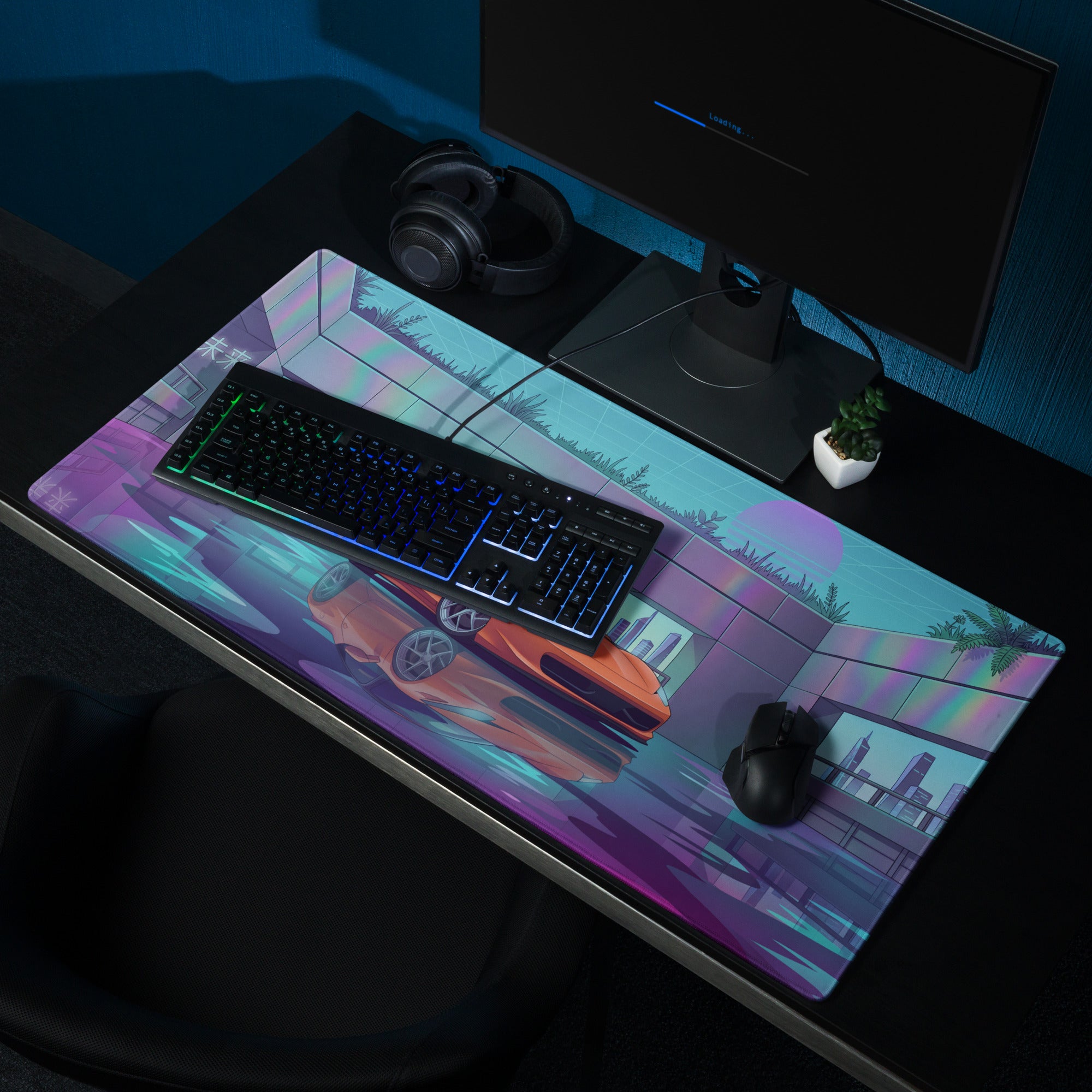 Ferrari 458 Italia Inspired Orange Vaporwave Gaming Mouse Pad – Neon Futuristic City Desk Mat, Retro Cyberpunk Supercar Digital Artwork