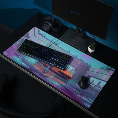 Ferrari 458 Italia Inspired Orange Vaporwave Gaming Mouse Pad – Neon Futuristic City Desk Mat, Retro Cyberpunk Supercar Digital Artwork