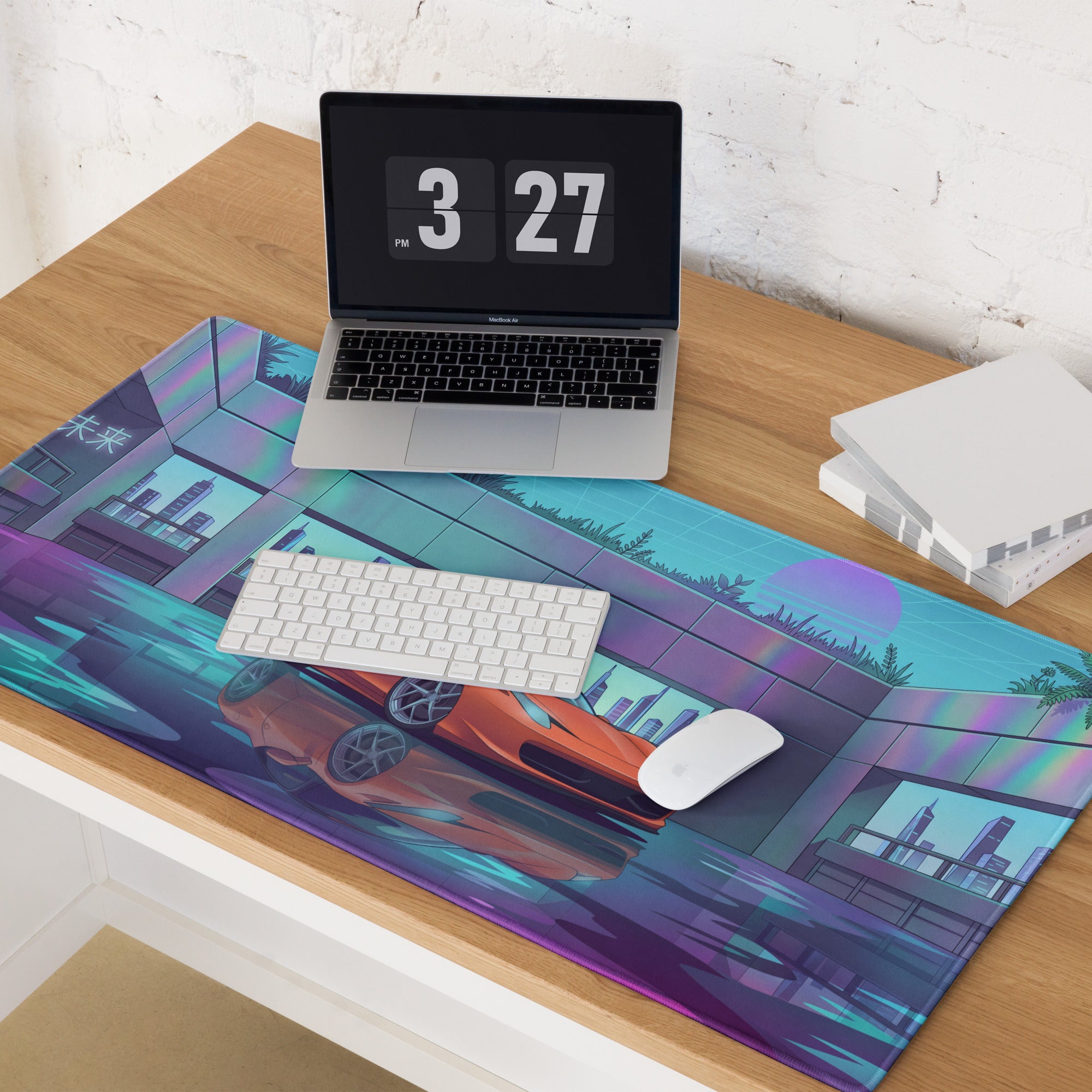Ferrari 458 Italia Inspired Orange Vaporwave Gaming Mouse Pad – Neon Futuristic City Desk Mat, Retro Cyberpunk Supercar Digital Artwork